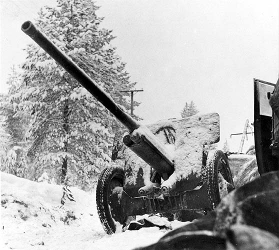 Январь 1940 года. Захваченная пушка на дороге на Раате